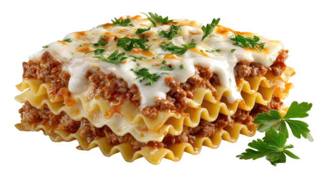 Delectable Lasagna Delight: A culinary masterpiece of perfectly layered lasagna, oozing with rich, savory flavors and textures. Fresh, aromatic herbs garnish this enticing dish.