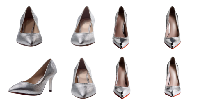Elegant Silver High Heels with Various Angles for Fashion Display, Bundle Set Collection, Isolated on Transparent Background