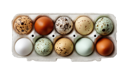 A dozen eggs in carton: A dozen fresh, vibrant eggs nestle in their carton, each a unique testament to nature's artistry. Displaying diverse hues and speckled patterns.