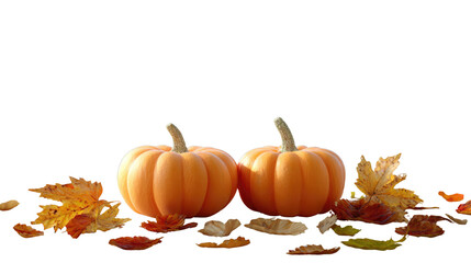 Autumnal Duo: Two plump pumpkins are showcased alongside fallen leaves, capturing the essence of the harvest season and the beauty of autumn.