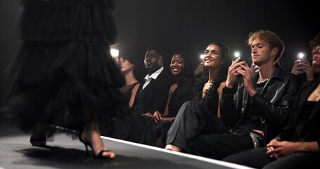 People, audience and catwalk with phone for fashion show, garment collection or designer brand....