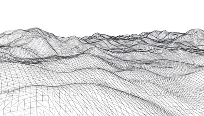 A grayscale wireframe depiction of a rolling landscape, hills, and valleys under a clear sky. A geometric, abstract art style