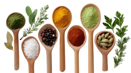 Aromatic Spice Collection: A vibrant assortment of culinary spices, artfully presented in wooden spoons, showcasing the rich flavors and aromas essential for creating delicious dishes.
