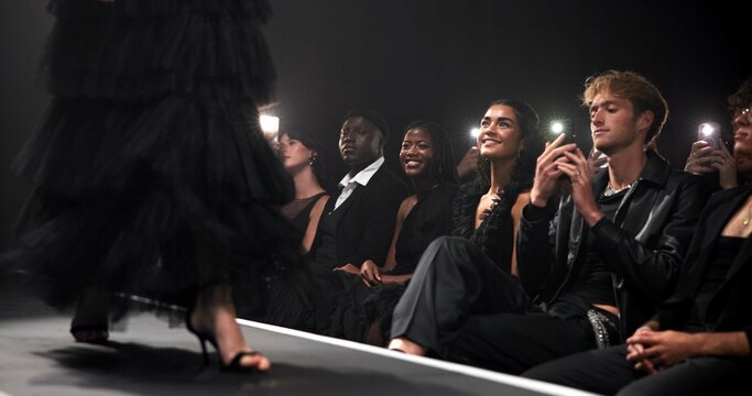 People, audience and catwalk with phone for fashion show, garment collection or designer brand. Group, crowd and paparazzi for clothing line, outfit or publicity for new aesthetic trend or wardrobe