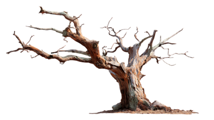 Solitary old weathered tree with bare branches on transparent background for design