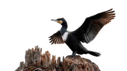 Cormorant's Grand Takeoff: A magnificent cormorant extends its wings in preparation for flight, showcasing its sleek, dark plumage and poised stance on a weathered wooden surface.