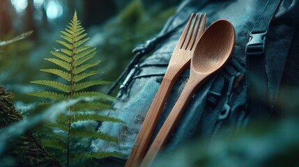 Wooden fork and spoon resting on a backpack amidst lush green foliage, outdoor dining