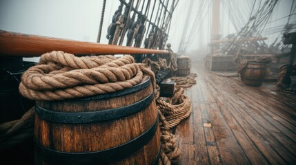 Wooden ship deck scene with coiled rope, mast rigging, and barrels shrouded in fog