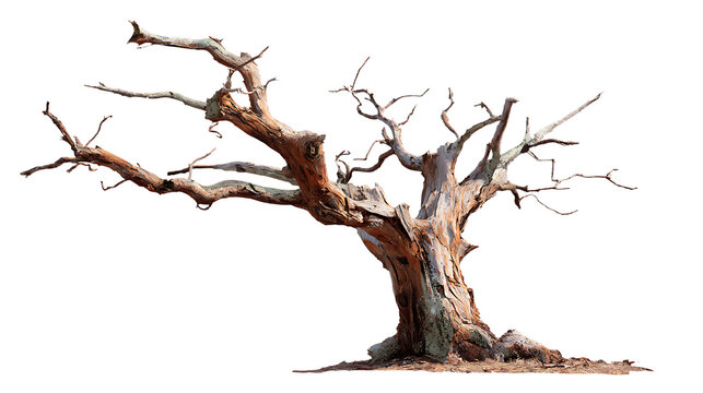 Solitary old weathered tree with bare branches on transparent background for design