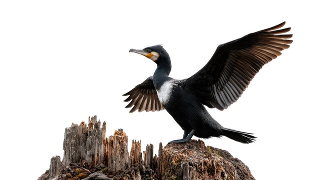 Cormorant's Grand Takeoff: A magnificent cormorant extends its wings in preparation for flight, showcasing its sleek, dark plumage and poised stance on a weathered wooden surface.