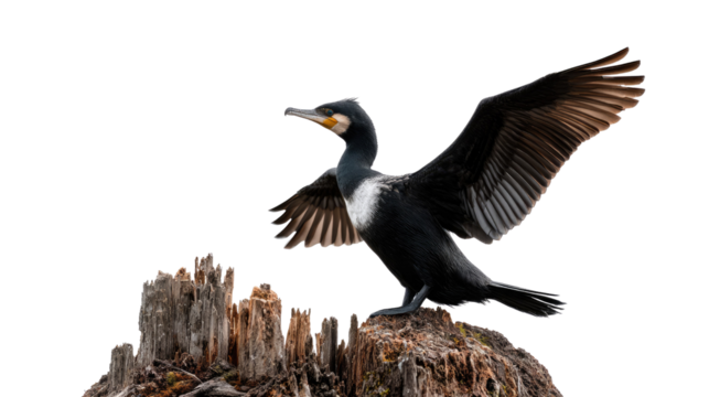 Cormorant's Grand Takeoff: A magnificent cormorant extends its wings in preparation for flight, showcasing its sleek, dark plumage and poised stance on a weathered wooden surface.
