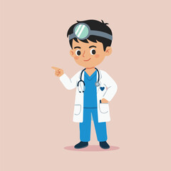Fototapeta premium Cartoon Doctor Wearing Headlight and Stethoscope Pointing Forward.
