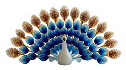 Elegant Peacock Crafted from Unique Materials: An artistic representation of a peacock, its body and magnificent tail crafted from shimmering objects. The peacock.