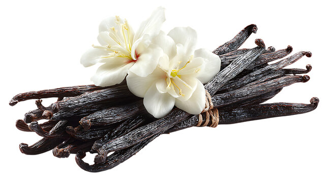 Vanilla bean pods tied with flowers on transparent background, flavoring ingredient for baking