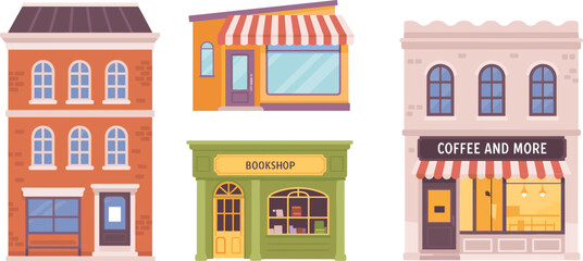 Fototapeta premium Vector illustration of four colorful storefronts including bookshop, coffee shop, small retail store, and multi-story brick building facade