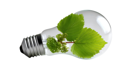Eco-friendly Innovation: A vibrant green leaves thrives inside a transparent light bulb, embodying the concept of sustainable energy and environmental consciousness. 