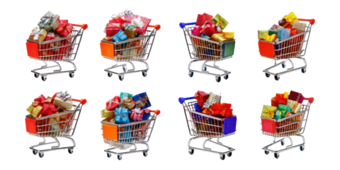 Colorful Shopping Carts Filled with Gifts and Packages,PNG set collection, isolated on transparent background