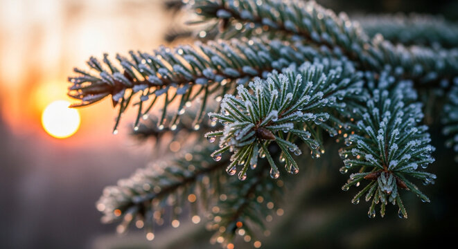 Winter Sunrise on Pine: Close-up of frost-kissed evergreen needles, illuminated by the radiant morning sun, creating a serene and crisp scene.