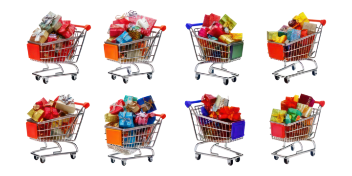 Colorful Shopping Carts Filled with Gifts and Packages,PNG set collection, isolated on transparent background