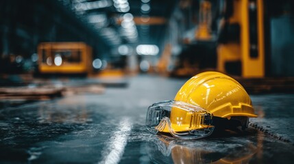 Yellow hardhat with safety glasses sits on a factory floor with a blurred industrial background