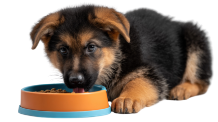 Puppy's Mealtime Delight: A charming German Shepherd puppy focuses on its meal. This scene reflects contentment in a domestic environment. 