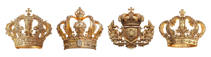 Elegant Golden Crowns Displayed in a Royal Arrangement for Decor, PNG bundle collection, Isolated on Transparent Background