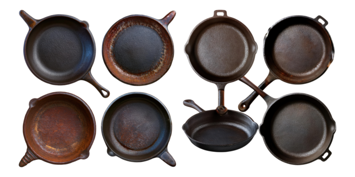 Vintage Cast Iron Cookware Collection, PNG collection, set bundle, isolate on transparent or white background