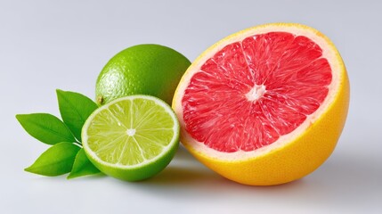 Brightly Lit Studio Shot of a Vibrant Pink Grapefruit Half and Two Fresh Green Limes with Water Droplets and Green Leaves on a Clean White Background