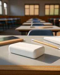 Notebook and eraser on wooden school desk in classroom light
