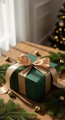 An elegantly wrapped green Christmas gift with a large gold ribbon on a wooden table with festive decorations.