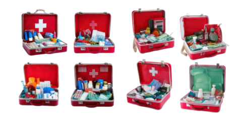 Various Red First Aid Kits with Supplies and Medicines,PNG set collection, isolated on transparent background