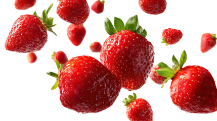 Strawberry cut out pattern. Ripe fresh flying red strawberry isolated on white background. With clipping path. Summer delicious sweet berry organic fruit, food, diet, vitamins, creative layout