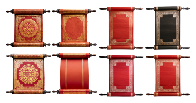 Decorative Scrolls with Rich Textures and Vibrant Colors for Display, isolated on transparent background