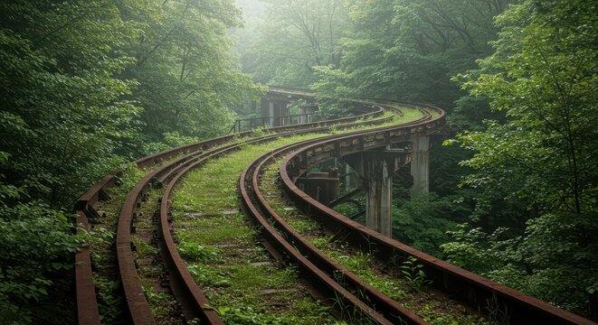 Curved, overgrown railway tracks ascend through a dense, misty forest landscape
