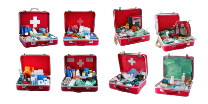 Various Red First Aid Kits with Supplies and Medicines,PNG set collection, isolated on transparent background