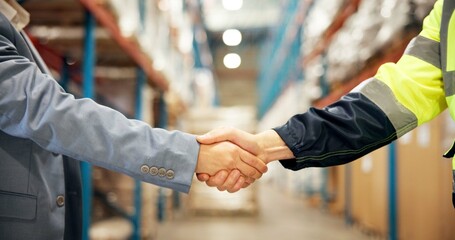 Business people, logistics or handshake with b2b in warehouse for partnership, deal or supply...