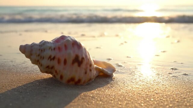 An ancient, barnacle encrusted mollusk shell resting on a pristine sandy seabed, with gentle ocean currents subtly shifting fine grains around its weathered form.