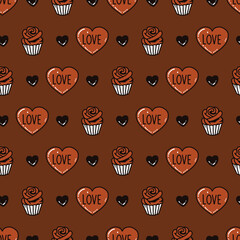 Brown Sweet Chocolate Cupcakes and Hearts Pattern. Perfect for Valentine Day themes, love greeting cards, wrapping paper, dessert packaging, and romantic digital designs.