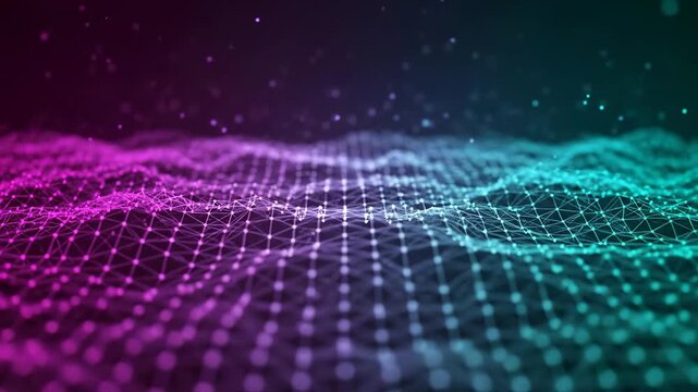 Abstract Digital Network Grid Flowing with Neon Pink and Teal Colors.