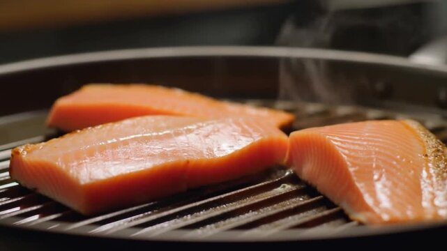 Three pieces of salmon sizzling on a grill, emitting steam. The salmon looks fresh and appetizing Stock Video