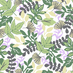 Spring Green and Purple Leaves Foliage Pattern. Perfect for spring design themes, fabric prints, packaging, wallpapers, and eco-friendly branding. Elegant and natural leaf seamless pattern