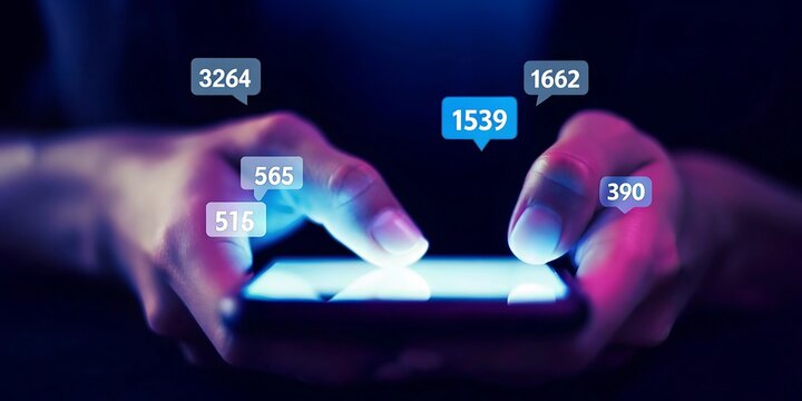 Hands scrolling on smartphone with social media notification bubbles and numbers