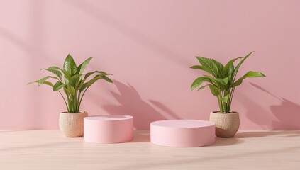 Obraz premium Modern pink presentation podiums with lush green plants creating a calming, serene atmosphere for product display and elegant design mockups
