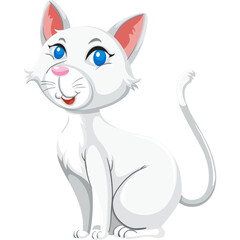 A charming white cat with blue eyes and pink nose sits attentively its tail curled gracefully against a pure white background with a subtle pixelated artistic effect.