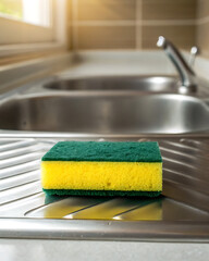 Yellow and green kitchen sponge resting on metallic sink surface
