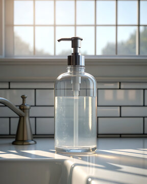 Clear soap dispenser standing on bright kitchen counter near window
