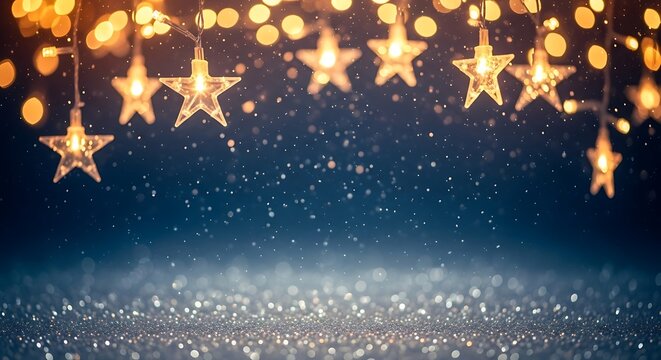 Twinkling golden star lights and bokeh create a magical festive background for celebrations and holidays