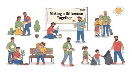 Diverse community volunteers planting trees, cleaning up trash, and sharing food together to make a positive environmental and social impact