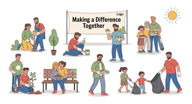 Diverse community volunteers planting trees, cleaning up trash, and sharing food together to make a positive environmental and social impact - Powered by Adobe