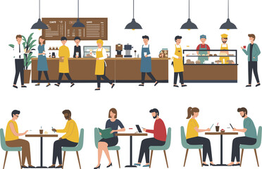 Modern flat illustration of coffee shop scene with baristas, customers ordering drinks, people sitting, working, reading, and socializing inside cozy cafe environment.